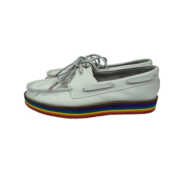 Sperry Top Sider Rainbow Boat Shoes Womens 8.5 White Leather Platform STS87613 - Picture 3 of 6